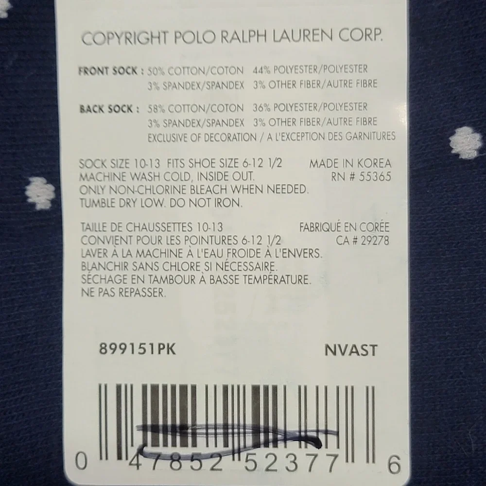 Polo Ralph Lauren Socks Mens 10-13 Navy Preppy Ivy Style Bear Polka Dot 2 Pairs